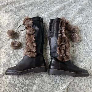Lands End Brand Brown leather knee high boots with fur trim - Size 7.5 Women